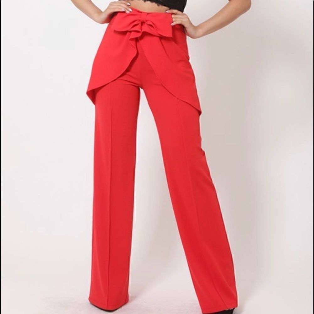 Red High Waist Pants Bow Detail